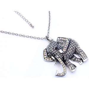 Antiqued Look Elephant Walking Crystal Accented Charm Necklace on Long 