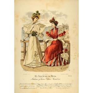 1894 Victorian Lady Fashion Summer Dress Hat Lithograph   Hand Colored 