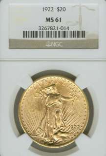 1922 $20 St. Gaudens Double Eagle Gold Coin NGC MS61  