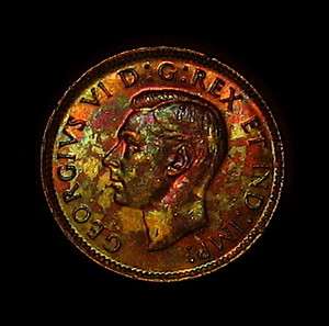 1947 Canada Penny Cent Blunt 7 ULTRA RAINBOW TONED COIN  