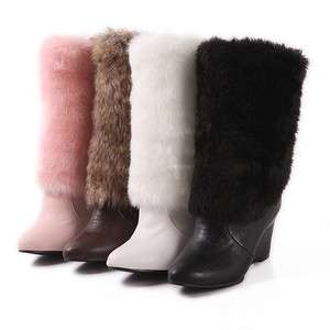 New Womens Faux Fur PU Leather Wedge Boots For Winter  
