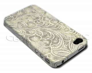 New white Wood Flower Embossed Hard case cover for iphone 4 4G  