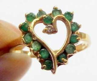 Green Emerald and Diamond Chip Accented 14KT Solid Yellow Gold Ring 