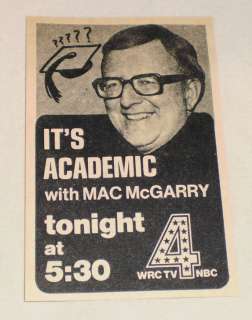 small 1975 WRC TV ad ~ ITS ACADEMIC Mac McGarry  