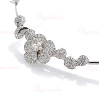 VAN CLEEF & ARPELS 18k White Gold Fleurette Diamond Pearl Necklace 