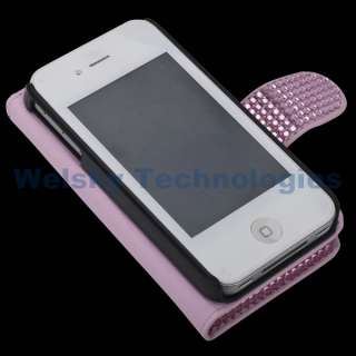 Leather Bling Rhinestone Hello kitty Case Guard Pouch For iPhone 4S 4G 