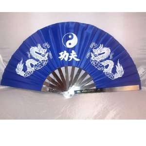    Blue Oriental Nylon Fan with Dragon and Yin Yangs 