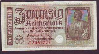 NICE BANKNOTE NAZI GERMANY 20 REICHSMARK w SVASTIKA #.1075  