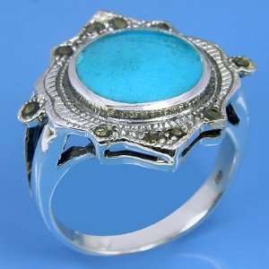   Silver Natural Marcasite & Turquoise Ring Size # 10.5 