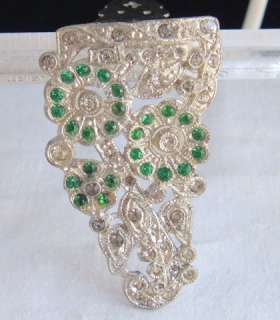 Gorgeous Art Deco Silver Tone Dress Fur Clip Clear Emerald Paste 