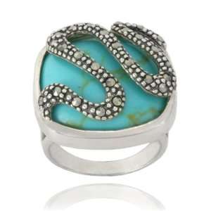  Silver Marcasite and Synthetic Turquoise Snake Ring, Size 8 Jewelry