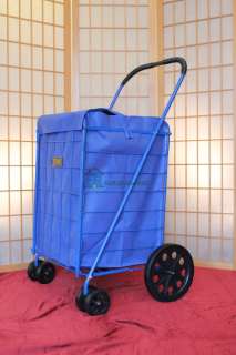 Blue Large Folding Shopping Cart w Blue Liner Swivel Rotating Wheels 