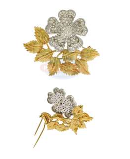 Estate 18K 2 Tone Lds Pave Diamond Flower Pin Brooch  