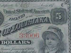 US CURRENCY 1870s LOUISIANA $5 BABY BOND CRISP CU, POST CIVIL WAR 