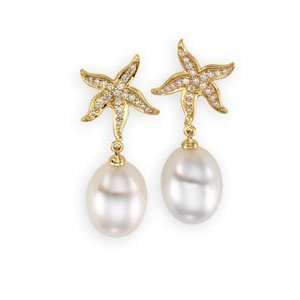  18k S. Sea Cult. Pearl Diamond Earrings 3/8ct 11mm Drop 