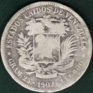 rare Venezuela 5 Bolivares 1902 25 g Silver 0.900 coin  