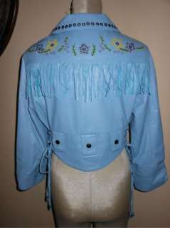 NWT Double D Ranch Beaded Fringed Western Leather Jacket Lt Blue M $ 