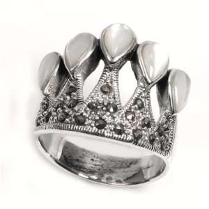 Sterling Silver Marcasite Rings with White Fiber Optic   Crown   Sizes 