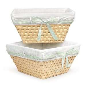Natural Woven Nursery Baskets w/ White Liners & Four Ribbons (Set of 2 