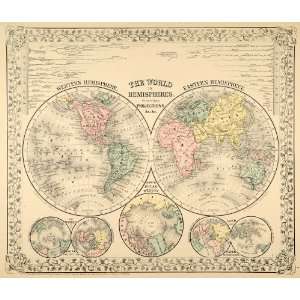 1872 Map World Hemispheres Polar Projection Antique   Original Print 