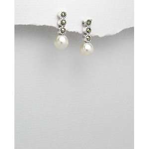    Sterling Silver and Marcasite Single Pearl Earrings Jewelry