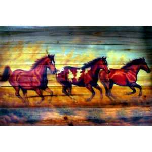 Lodge Cabin Rustic Decor Running Horses Plank Picture Hanging Wall Art