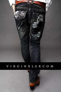 vb HOMME Mens Skull Patched Denim Slim Jeans 1MT  