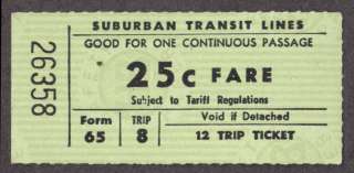 Suburban Transit Lines 25c fare ticket Oak Forest IL  