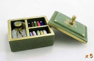 Dollhouse Miniature sewing Kits Tools green wood box  