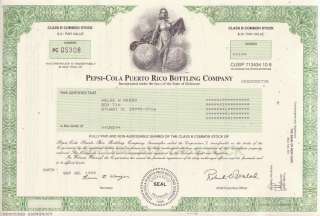 Pepsi Cola Puerto Rico Bottling Company Stock Certificate. Dated Sep 