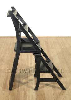 Solid Mahogany Distressed Black Convertible Ladder Chair Step Stool 