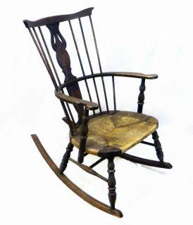 Ca.1780 Antique Rocker/Rocking Chair Windsor w Rush Seat,Queen Anne 