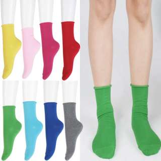 Roll Top Solid Color Ankle High Cotton Socks Women Girl  