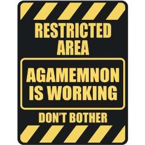   RESTRICTED AREA AGAMEMNON IS WORKING  PARKING SIGN 