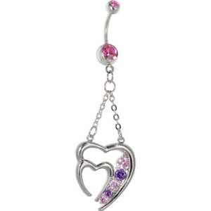    Passion Pink Gem Twin Hearts Chain Drop Belly Ring Jewelry