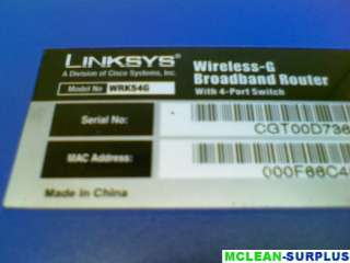 Linksys Wireless G Router WRK54G 2.4GHz 802.11g 0745883582426  