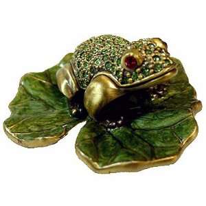 Tiny Frog On Lotus Leaf Enameled Bejeweled Crystal Trinket Box