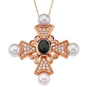  14K Rose Gold Onyx, Pearl and Diamond Cross Pendant 