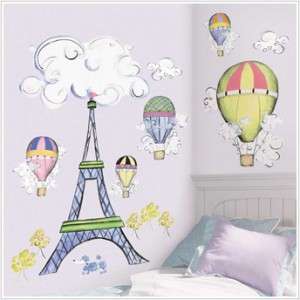 New GIANT EIFFEL TOWER WALL DECAL MURAL Hot Air Balloons Clouds 