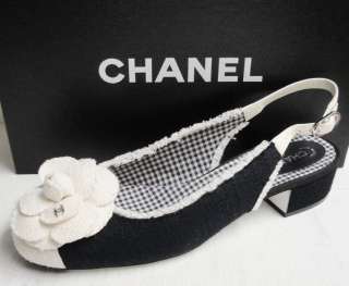 CHANEL CC Logo Camellia Tweed Slingback Pumps Shoes 38  