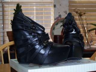 Jeffrey Campbell Lots of Buckles Wedge Black Leather Booties 7 