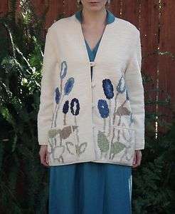   Cream & Blue Floral Tapestry Toggle Jacket/ Handmade in Finland  