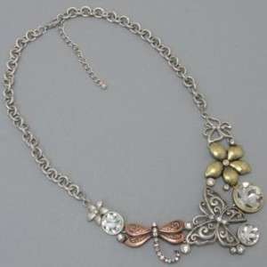 Chunky Tri Tone Dragonfly Flower Butterfly Statement Necklace and 