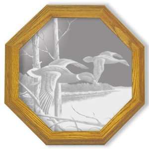  Etched Mirror Waterfowl Art in Solid Oak Frame