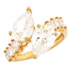   Gold Pear CZ Bypass Ring with Baguette Channel Set accents Jewelry