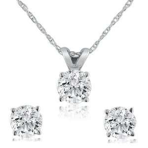   Solitaire Pendant and Stud Earring Set in 14K White Gold (G/H SI2 I1