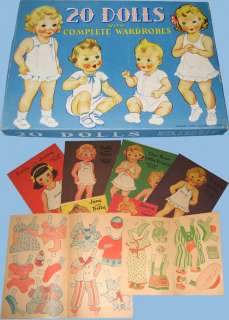 20 PAPER DOLLS WITH COMPLETE WARDROBES   MINT IN BOX   1940s   LOWE 