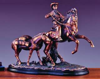 TWO HORSES & COWBOY BRONZE PLATED STATUE/SCULPTURE  