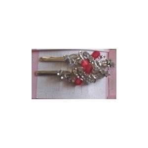  Red 2 Jeweled 2.5 Silver Bobby Pins Hair Pins 1/2 inch 