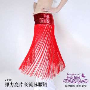 Fringe Dance Scarf w Elastic Sequin Waistband Red  